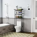 Black Multi-tier Bathroom Cabinet Rack With Towels Basket Toiletries Green Plant Near Toilet And Bathtub