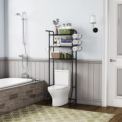 Black Multi-tier Bathroom Cabinet Rack With Towels Basket Toiletries Green Plant Near Toilet And Bathtub 3d model