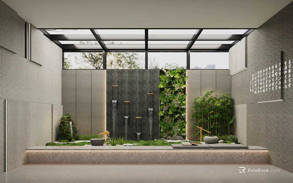 Garden Landscape Design With Glass Roof Waterfall Wall Green Plants And Bamboo 3d model 