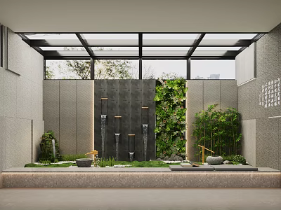 Garden Landscape Design With Glass Roof Waterfall Wall Green Plants And Bamboo 3d model