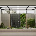 Garden Landscape Design With Glass Roof Waterfall Wall Green Plants And Bamboo