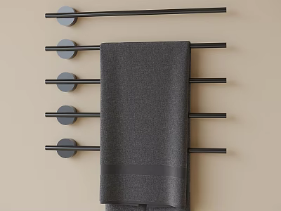 Black Multi bar Towel Rack with Gray Towel Mounted on Beige Bathroom Wall 3d model