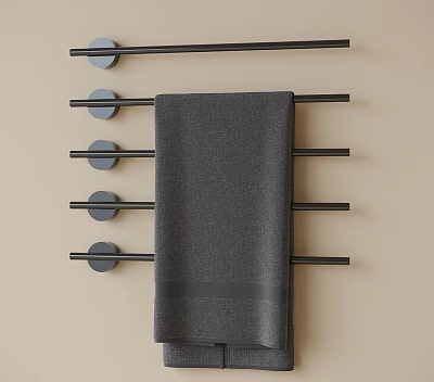 Black Multi bar Towel Rack with Gray Towel Mounted on Beige Bathroom Wall 3d model