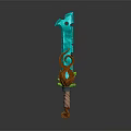 Turquoise Fantasy Sword with Wooden Hilt and Green Accent Details in Decorative Design