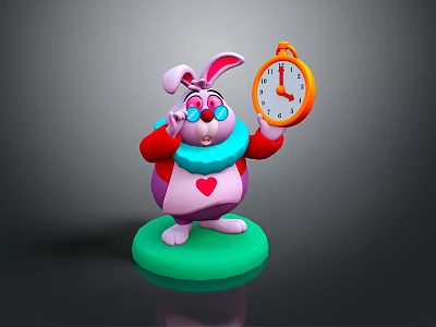 Cute Cartoon Rabbit With Pink Ears Holding Orange Alarm Clock Heart Pattern On Green Base 3d model