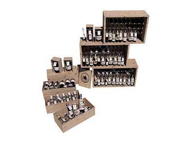 Wooden Display Shelves Stacked With Multiple Glass Bottles For Organized Storage 3d model