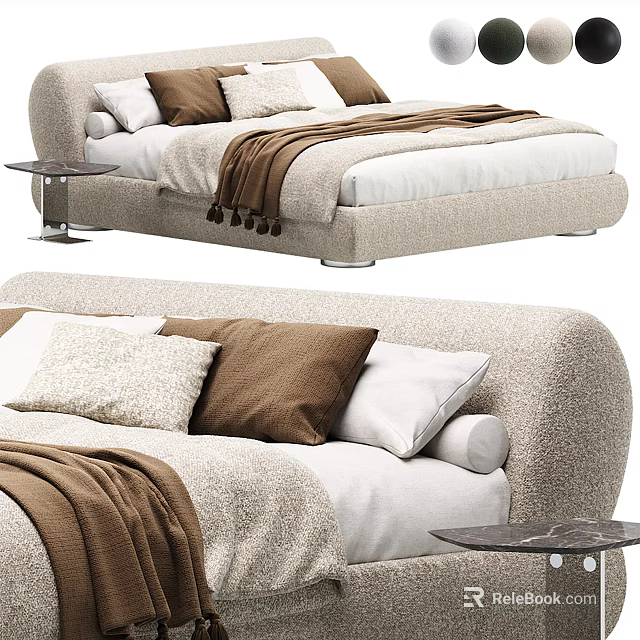 Modern Beige Upholstered Double Bed With White Brown Pillows Brown Blanket And Marble Side Table 3d model 