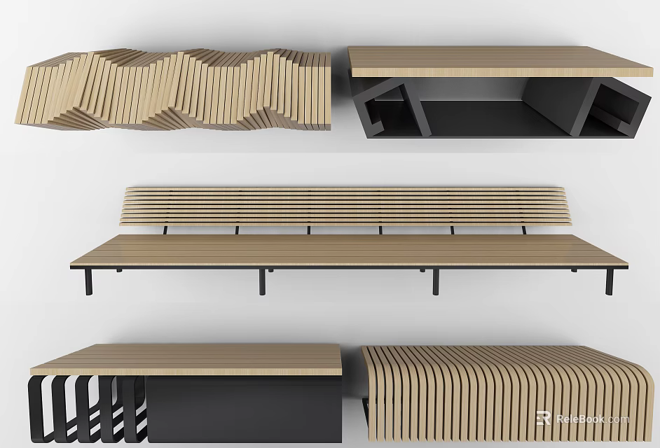 Modern Public Chairs With Wooden Striped Design And Various Contemporary Shapes 3d model 