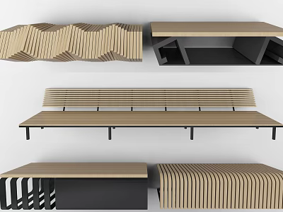 Modern Public Chairs With Wooden Striped Design And Various Contemporary Shapes 3d model