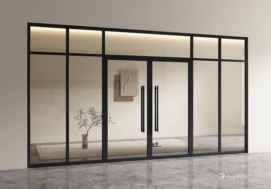 Modern Double Doors With Black Frame Glass In Interior With Potted Plant And Wall Decor 3d model 