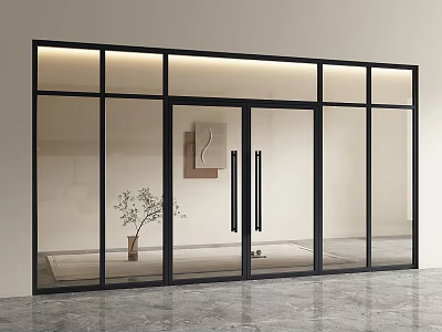 Modern Double Doors With Black Frame Glass In Interior With Potted Plant And Wall Decor 3d model