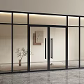 Modern Double Doors With Black Frame Glass In Interior With Potted Plant And Wall Decor
