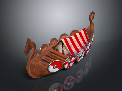 Vintage Viking Longship Featuring Wooden Hull Red White Striped Sail And Round Shields 3d model