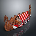 Vintage Viking Longship Featuring Wooden Hull Red White Striped Sail And Round Shields