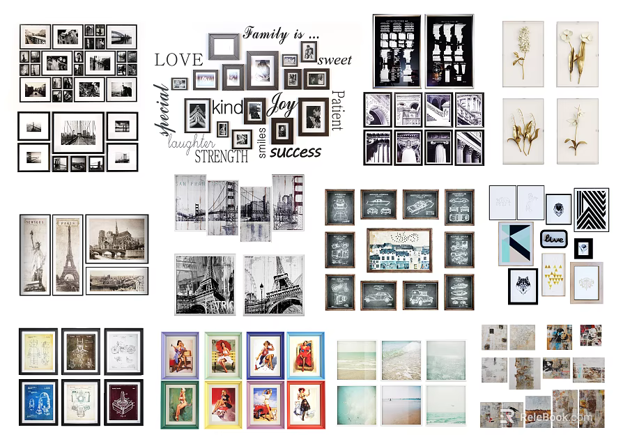 Creative Photo Wall Design With Various Frames LOVE Family Word Art And Mixed 3d model 