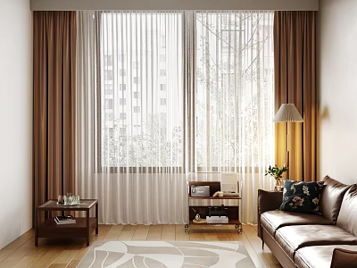 Modern Living Room With Double Layer Brown Thick And Sheer White Curtains Letting Sunlight In 3d model