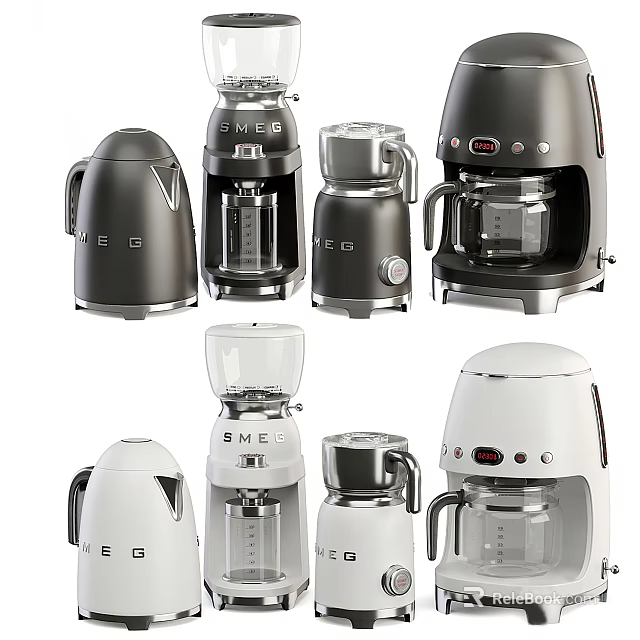 Modern Black And White Kitchen Appliances Featuring Coffee Makers Kettles And Blenders 3d model 
