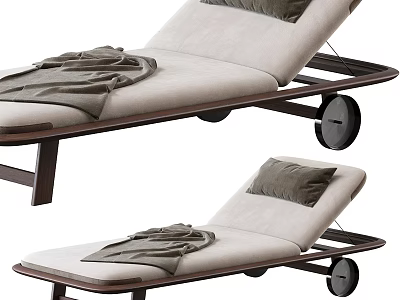 Modern Lounge Chair With Beige Cushion Dark Wooden Frame Gray Blanket Pillow And Wheels 3d model