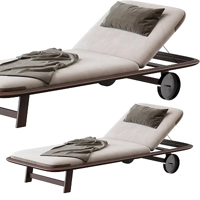 Modern Lounge Chair With Beige Cushion Dark Wooden Frame Gray Blanket Pillow And Wheels 3d model