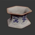 Blue And White Hexagonal Ceramic Vessel With Floral Patterns And Traditional Design