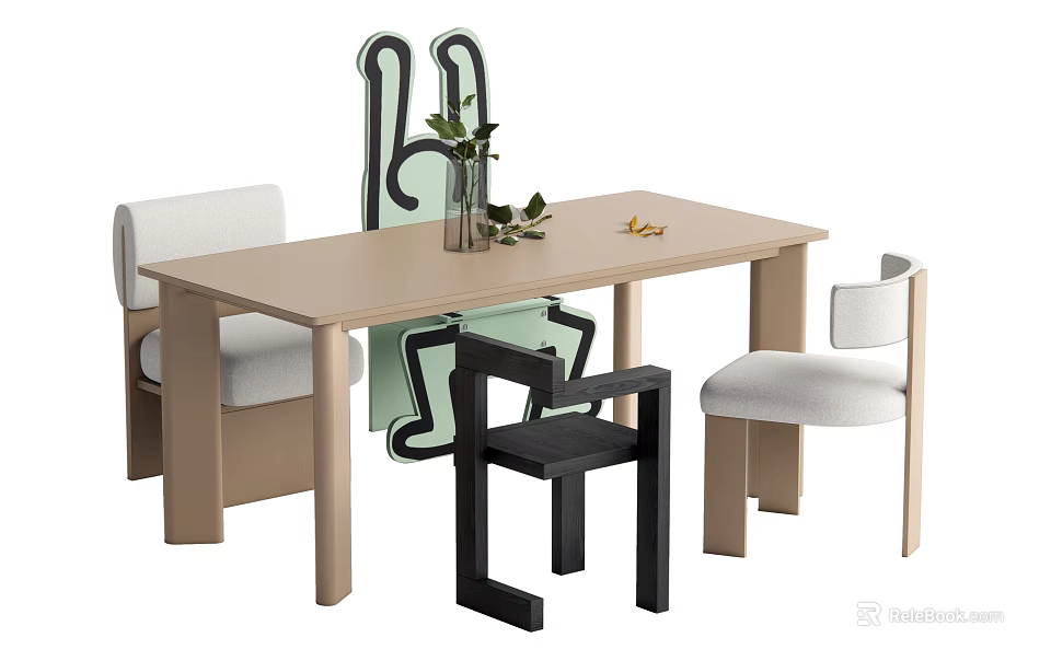 Modern Dining Table Set with Multi Colored Chairs Vase and Green Plants Decor 3d model