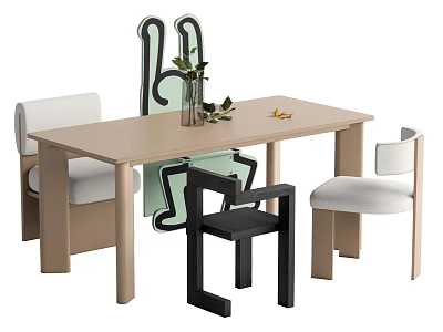 Modern Dining Table Set with Multi Colored Chairs Vase and Green Plants Decor 3d model