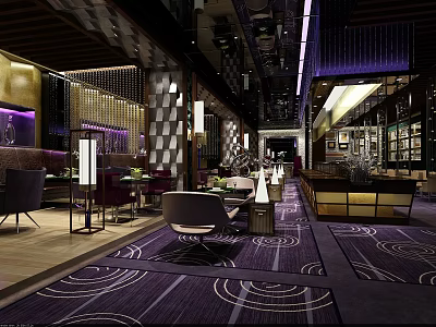Elegant Modern Restaurant Interior With Purple Carpet Stylish Tables Chairs And Decorative Lighting 3d model