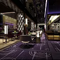 Elegant Modern Restaurant Interior With Purple Carpet Stylish Tables Chairs And Decorative Lighting