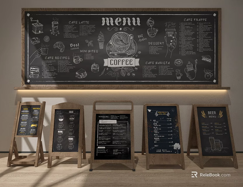 Cafe Menu Signs With Chalkboard Design Coffee Illustrations And Wooden A Frame Displays 3d model 