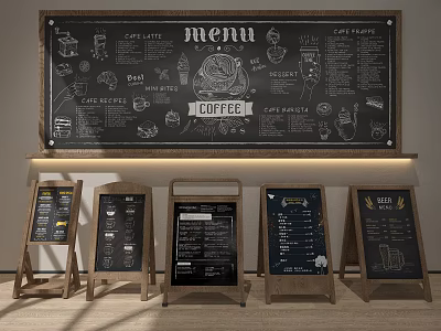 Cafe Menu Signs With Chalkboard Design Coffee Illustrations And Wooden A Frame Displays 3d model