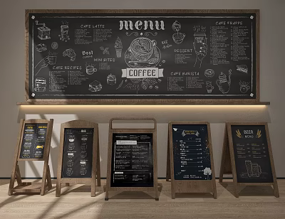 Cafe Menu Signs With Chalkboard Design Coffee Illustrations And Wooden A Frame Displays 3d model