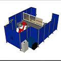 Industrial Automation Equipment Featuring Blue Protective Enclosure Red Robotic Arm And Control Panel