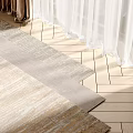 Light Beige Square Rug On Herringbone Wooden Floor With White Curtains And Soft Light