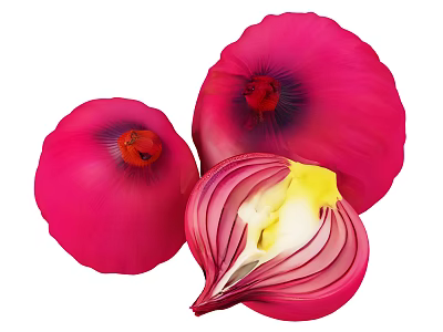 Fresh Red Onions With Whole Bulbs And Sliced Layers Showing Yellow Center 3d model