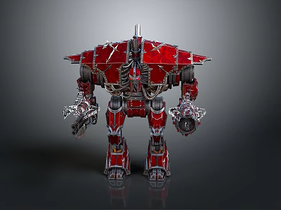 Red Armored Mecha Character With Heavy Metal Structure And Weaponized Arms 3d model