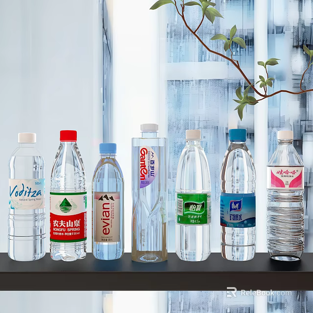 Various Brands of Bottled Water Displayed on Table with Clear Bottles and Labels 3d model 