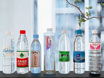 Various Brands of Bottled Water Displayed on Table with Clear Bottles and Labels 3d model