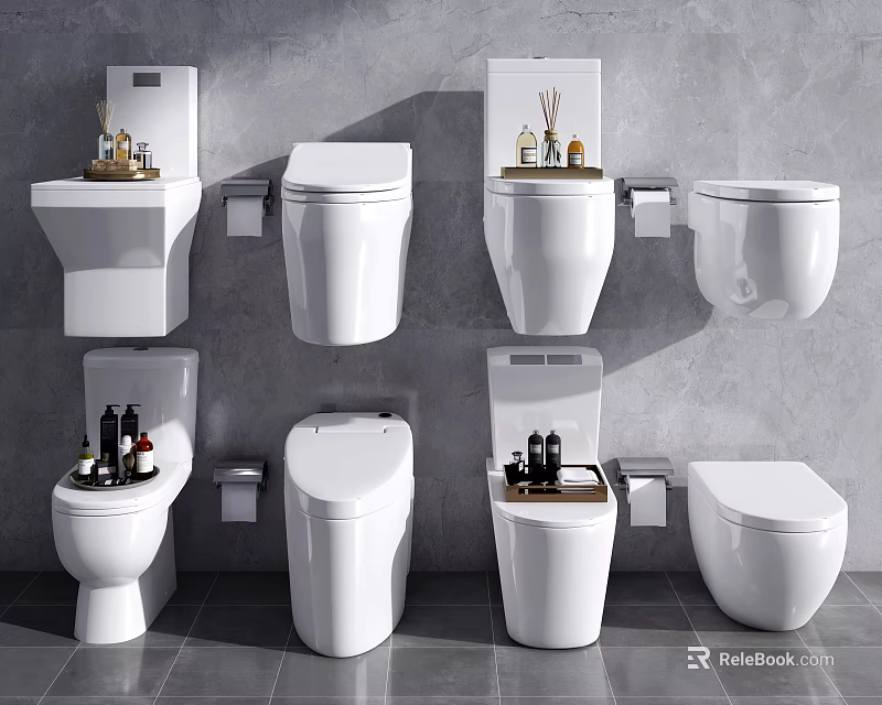 Various Styles of White Toilets Displayed on Gray Wall with Toiletries on Top 3d model 