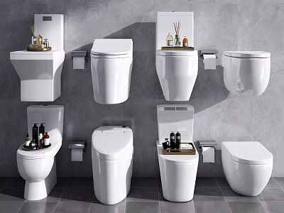 Various Styles of White Toilets Displayed on Gray Wall with Toiletries on Top 3d model