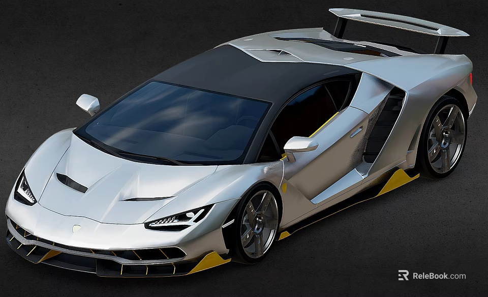 Sleek Silver Sports Car With Black Roof Yellow Accents And Rear Spoiler Sporty Exterior Design 3d model 