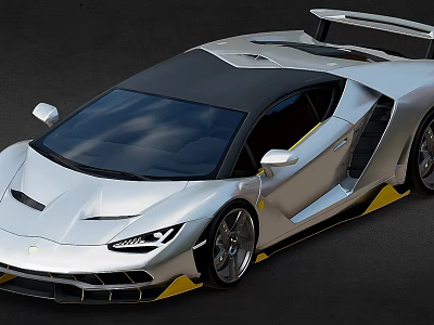 Sleek Silver Sports Car With Black Roof Yellow Accents And Rear Spoiler Sporty Exterior Design 3d model