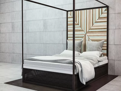 Modern Minimalist Background Double Bed With Black Canopy Frame And Geometric Pattern Headboard Wall 3d model