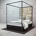 Modern Minimalist Background Double Bed With Black Canopy Frame And Geometric Pattern Headboard Wall