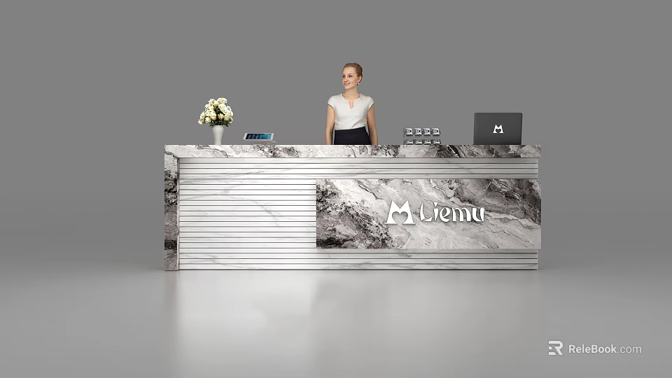 Modern Marble Reception Desk With Flower Vase Laptop And Liemo Logo 3d model 