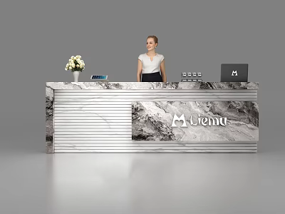 Modern Marble Reception Desk With Flower Vase Laptop And Liemo Logo 3d model