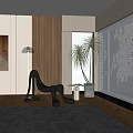 Black Sculptural Lounge Chair In Modern Interior With Floor Lamp Potted Plants And White Blinds