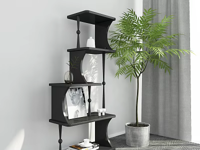 Black Modern Shelving Unit With Decorative Items Green Plant Gray Planter And White Wall 3d model