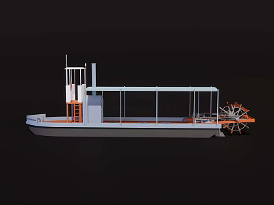 White Paddle Wheel Steamship With Open Upper Deck And Orange Wheels 3d model