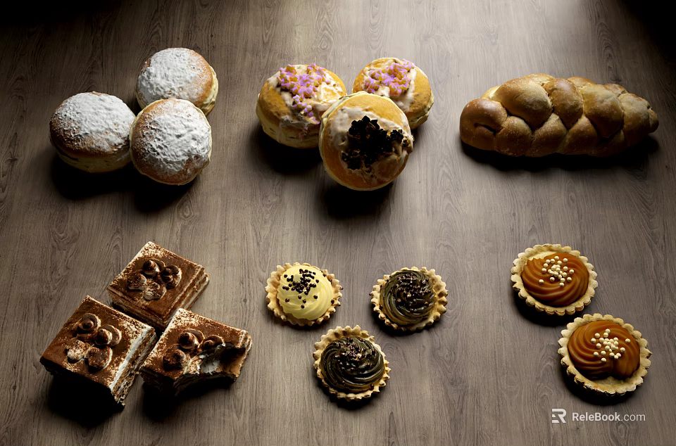 Assorted Baked Goods Display With Buns Doughnuts Bread Brownies And Tarts 3d model 