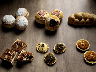 Assorted Baked Goods Display With Buns Doughnuts Bread Brownies And Tarts 3d model